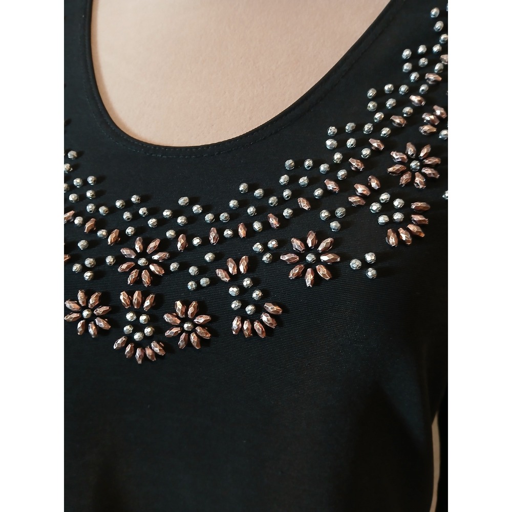 Susan Graver Style Liquod knit Black Embellished Scoop Neck 3/4 Sleeve Top XS - Picture 2 of 12